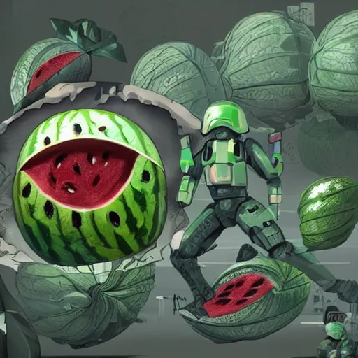 Prompt: Very very very very highly detailed sci-fi Watermelon military machine. Realistic Concept digital art in style of Hiromasa Ogura Gost in the shell, more watermelon a bit less military machine, epic dimensional light