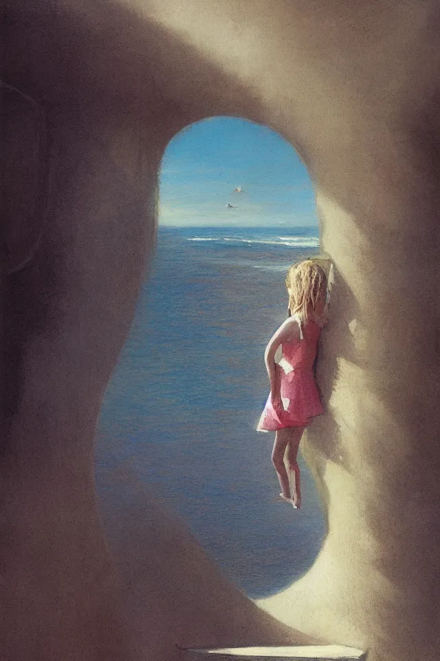 Prompt: painting of a giant seashell house, a young girl stares from the balcony, by john harris, atmospheric, concept art