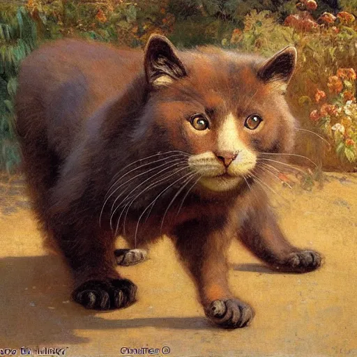 Image similar to a half cat half bear hybrid at a zoo, highly detailed painting by gaston bussiere, craig mullins, j. c. leyendecker