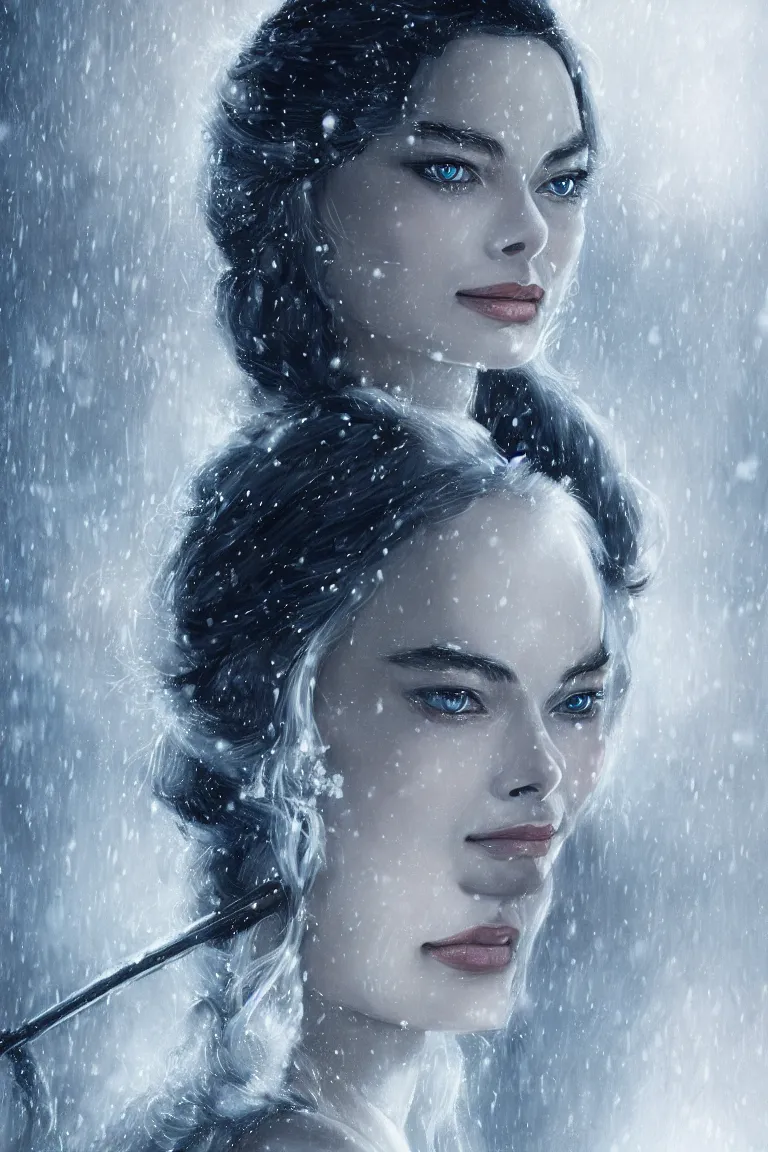 Prompt: a beautiful ultradetailed fantasy character portrait of margot robbie as a geisha wielding a sword by charlie bowater, catchlight in the eyes, trending in behance, close up portrait photo, bokeh, 4K, during snowfall