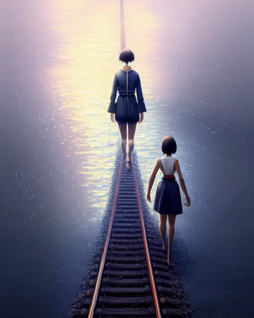 Prompt: photo of chihiro walking along train tracks stretching out toward the horizon that are submerged under a few inches of water, intricate, elegant, highly detailed, digital painting, artstation, concept art, smooth, sharp focus, illustration, art by artgerm and greg rutkowski and fra angelico