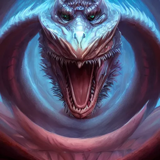 Image similar to Portrait of the Dragon Ouroboros in the style of Dreamworks, angry look, highly detailed, digital painting, Trending on artstation , HD quality, dramatic light, octane
