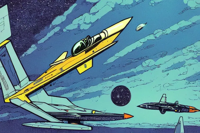 Image similar to a scifi illustration of a fururistic fighter jet. flat colors, limited palette in FANTASTIC PLANET La planète sauvage animation by René Laloux