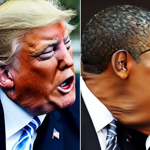 Image similar to donald trump and barrack obama kissing, 4k realistic photo