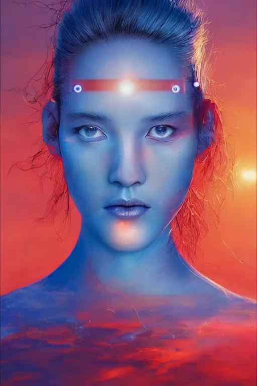 Image similar to 3 d, sci - fi, sunrise, sleepy fashion model face, happy blue faces, sun, cinematic, vogue cover style, poster art, light red and deep blue mood, realistic painting, intricate oil painting, high detail, figurative art, multiple exposure, poster art, 3 d, by tooth wu and wlop and beeple and greg rutkowski