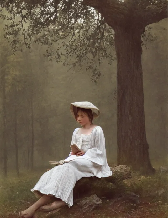 Image similar to peasant Girl in white reading a book sitting on a tree in a foggy forest, Cinematic focus, Polaroid photo, vintage, neutral colors, soft lights, by Steve Hanks, by Serov Valentin, by lisa yuskavage, by Andrei Tarkovsky 8k render, detailed, oil on canvas