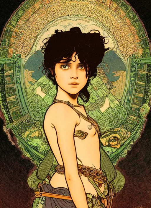 Image similar to a little warrior girl standing on top of one giant turtle in the desert. the girl has dark skin and beautiful green eyes, realistic body and a very beautiful detailed symmetrical face with long black hair. diffuse light, dramatic landscape, fantasy illustration by mucha