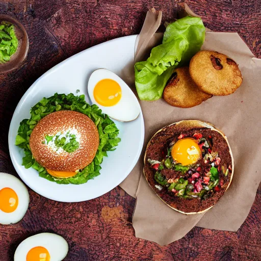 Image similar to vegan hamburger guacamole and crispy fried onion and fried egg toppings, crispy buns, 8 k resolution, professional food photography, studio lighting, sharp focus, hyper - detailed