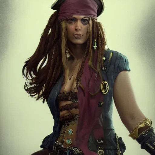 Image similar to full body concept art of a female pirate, airbrushed painting, stunning, featured on artstation, cinematic lighting, hyperdetailed, cgsociety, 8k, dramatic, dark atmosphere, alluring