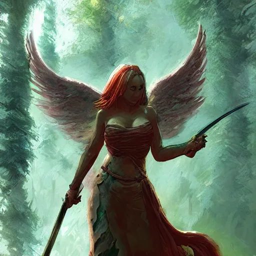 Image similar to a female angel warrior reigns on a magical forest, marc simonetti, detailed, artstation