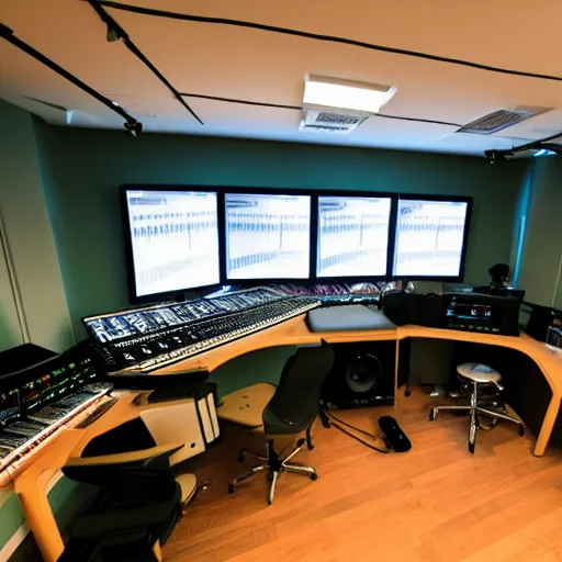 Prompt: music studio full of electronic equipment