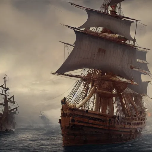 Image similar to the swedish 1 7 th century warship vasa, octane render, deviantart, greg rutkowski, cinematic, key art, hyperrealism