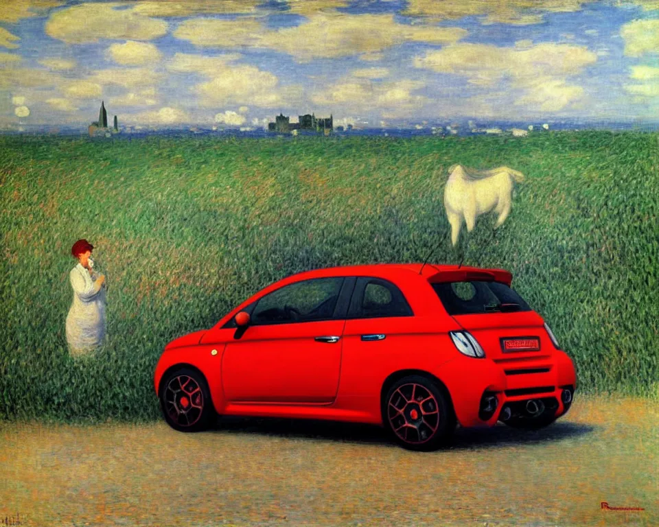 Image similar to achingly beautiful painting of a 2 0 1 3 fiatabarth by rene magritte, monet, and turner.