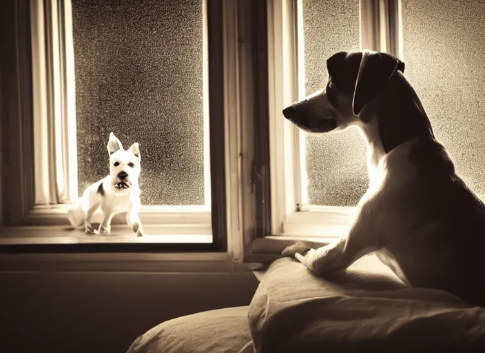 Image similar to photography of a Jack Russel . watching outside the window. on a bed. in a vintage room full of vinyls and posters.,volumetric light, photorealistic,, award winning photo, 100mm, sharp, high res