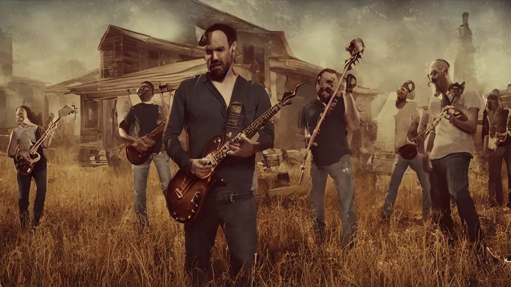 Image similar to horror scene featuring the musicians in dave matthews band, illustrated by rafael marquez digital art western aesthetic, artger, unreal engine 5