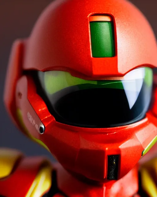 Image similar to helmet portrait of a figurine of samus aran's varia power suit from the sci - fi nintendo videogame metroid. designed by hiroji kiyotake. glossy. red round helmet, orange shoulder pads, green visor. shallow depth of field. suit of armor.