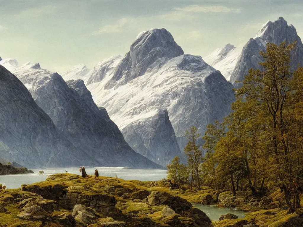 Image similar to a detailed painting of a majestic mountainous landscape in norway in spring by caspar david friedrich, high detail, snow capped mountains reflecting on a lake,