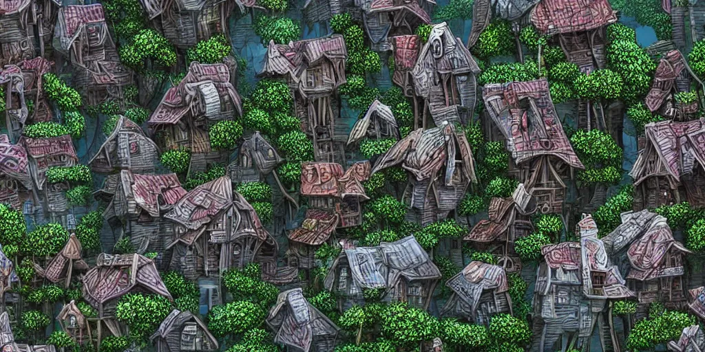 Image similar to long and tall fractal houses, village, jungle, artstation, digital art