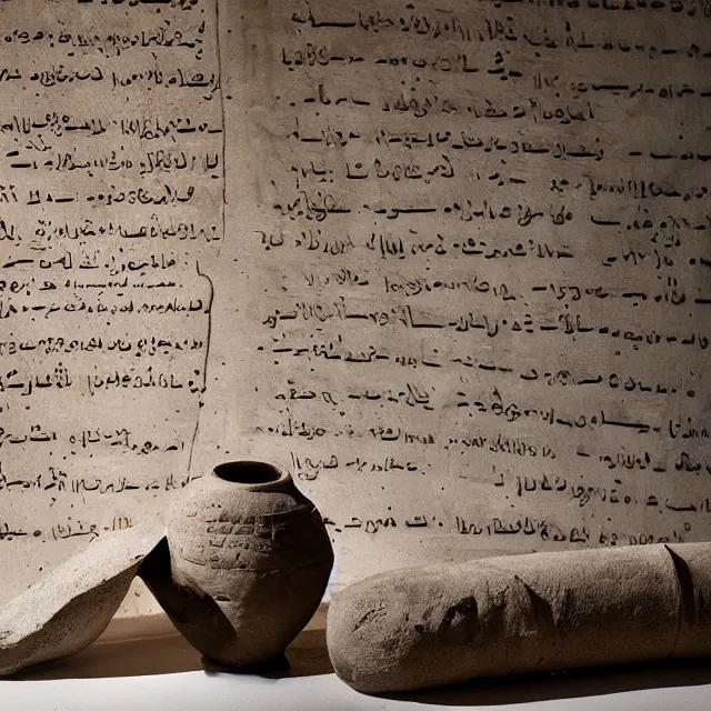 Image similar to a photo of a museum display showing a cylindrical clay jar, lying beside it is a dead sea scroll with nabeatean writing, dark, brooding, atmospheric, volume lighting