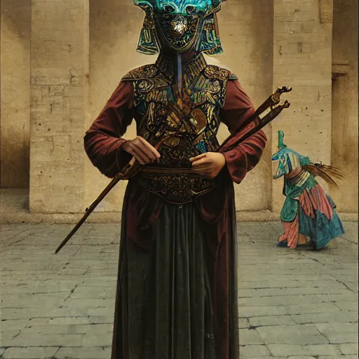 Image similar to portrait of masked Byzantine Tang Dynasty dancer on the art deco streets of the Undying Empire city of ya-Sattra during the Festival of Masks, award-winning realistic sci-fi concept art by Beksinski, Bruegel, Greg Rutkowski, Alphonse Mucha, and Yoshitaka Amano