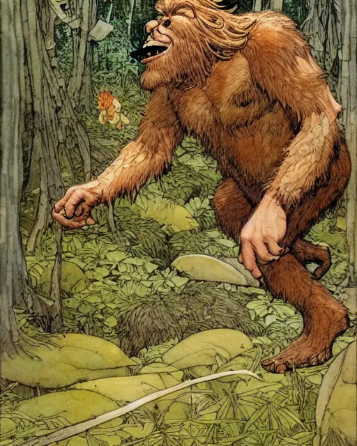 Image similar to a realistic and atmospheric watercolour fantasy character concept art portrait of a chibi bigfoot running through the forest. by rebecca guay, michael kaluta, charles vess and jean moebius giraud