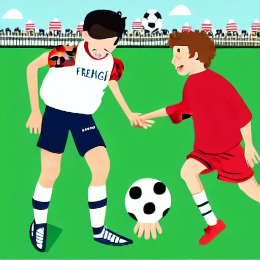 Image similar to illustration of french boy in paris playing football against a corgi who is wearing a polka dot scarf