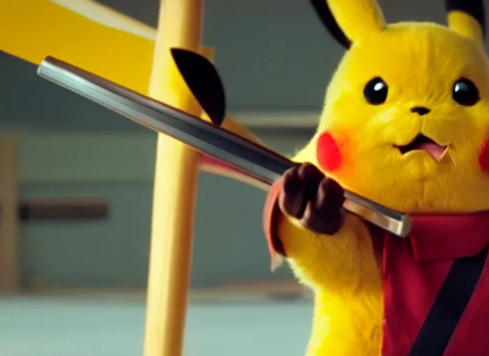 Prompt: film still pikachu with katana in dojo in kill bill film by tarantino, 8 k