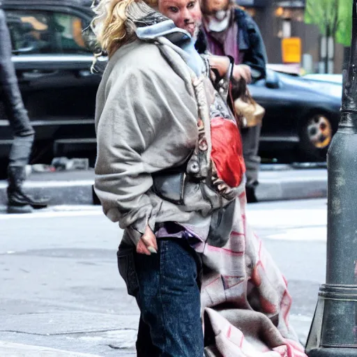 Prompt: margot robbie as an homeless man in new york, highly detailed, hyper realistic