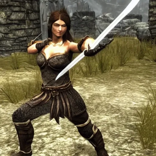 Image similar to a skyrim babe shooting a guard in the knee with an arrow