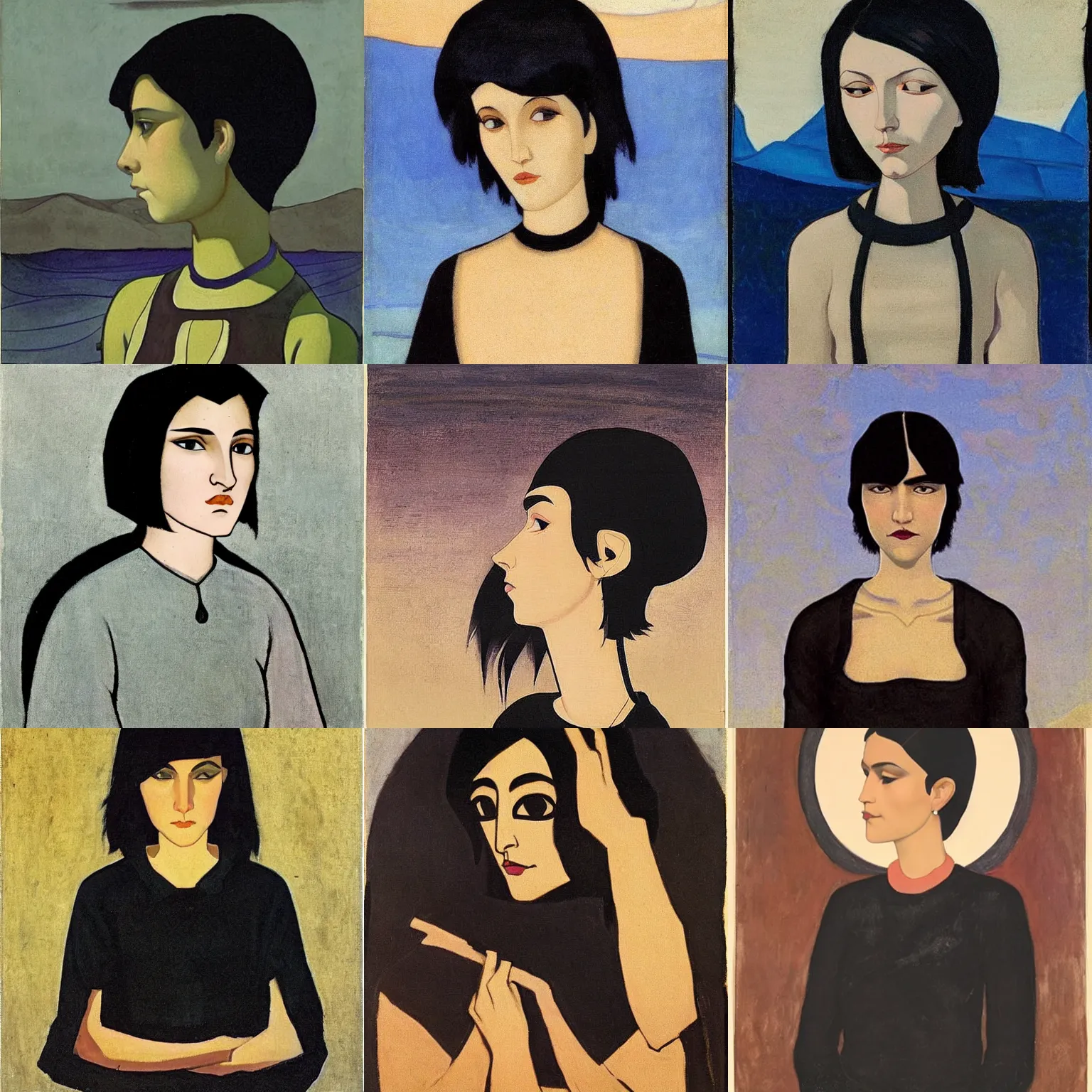 Prompt: an emo by nicholas roerich. her hair is dark brown and cut into a short, messy pixie cut. she has large entirely - black eyes. she is wearing a black tank top, a black leather jacket, a black knee - length skirt, a black choker, and black leather boots.