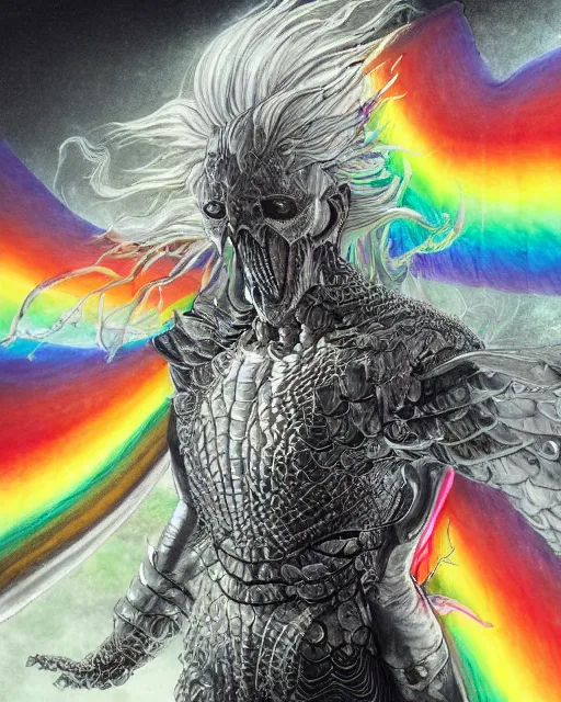 Image similar to realistic detailed image of ultra wrathful rainbow diamond iridescent mega griffith from berserk, depth perception, depth of field, action horror by ayami kojima, neo - gothic, gothic, part by adrian ghenie and gerhard richter. art by kentaro miura. masterpiece