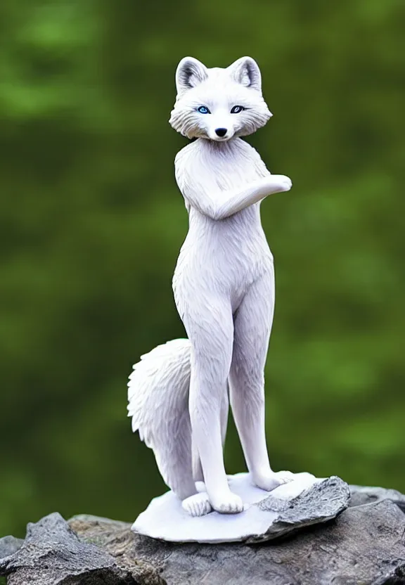 Image similar to still figurine of anthro furry arctic fox wearing an elegant summer blouse and leggings, personification, detailed product photo, dynamic pose, featured on amiami, 8 k, 8 5 mm, f. 1 4, beautiful composition