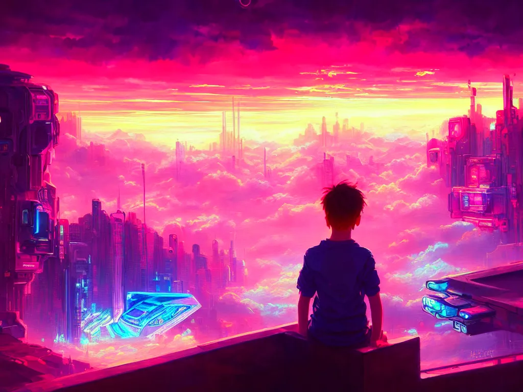 Image similar to a painting of a boy in a crystal box watching a colorful sunrise futuristic city surrounded by clouds, cyberpunk art by yoshitaka amano and alena aenami, cg society contest winner, retrofuturism, matte painting, apocalypse landscape, cityscape