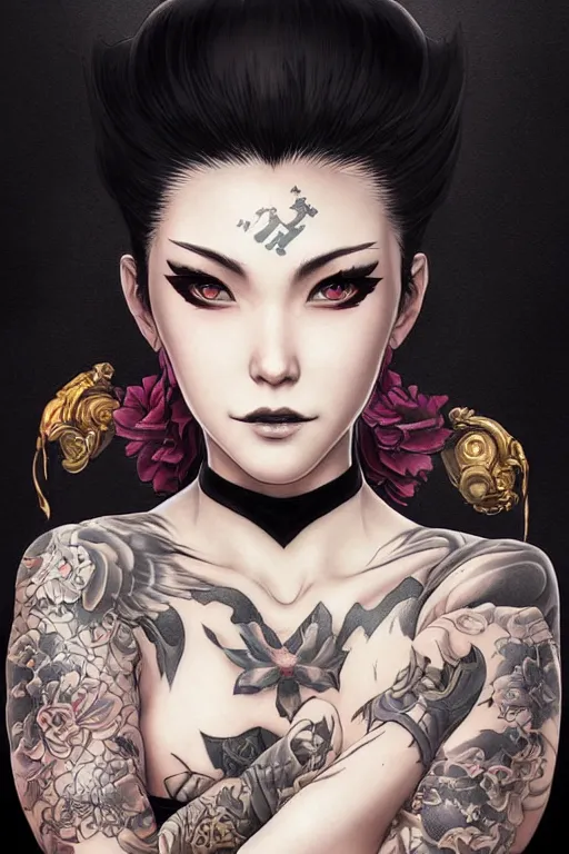 Image similar to portrait of goth Chun Li with yakuza tattoos, Street fighter, intricate, elegant, highly detailed, digital painting, artstation, concept art, smooth, sharp focus, illustration, art by artgerm and greg rutkowski and alphonse mucha