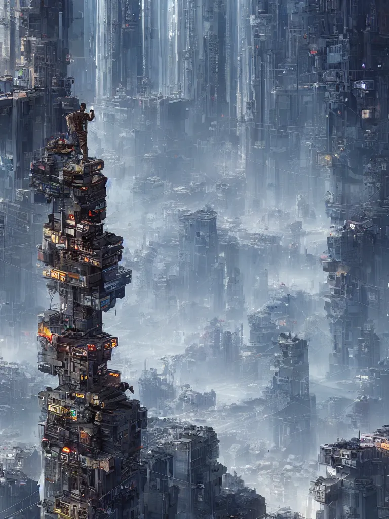 Image similar to a curly - haired persian guy standing on top of a building over a city, cyberpunk art by vincent lefevre, behance contest winner