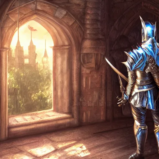 Image similar to knight, fantasy art, located in a castle, legendary spiky armor, morning sunlight through the window, decorated, high quality, highly detailed, 4 k