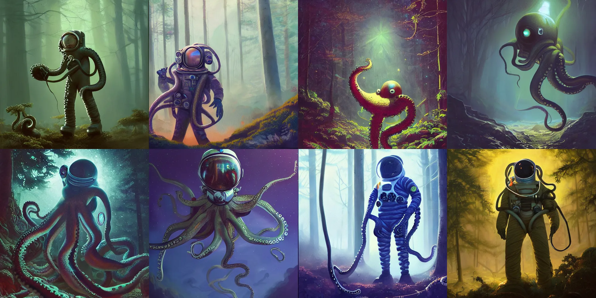 Prompt: octopus astronaut in forest, artstation oil painting 8k intricate dramatic cinematic mood backlight