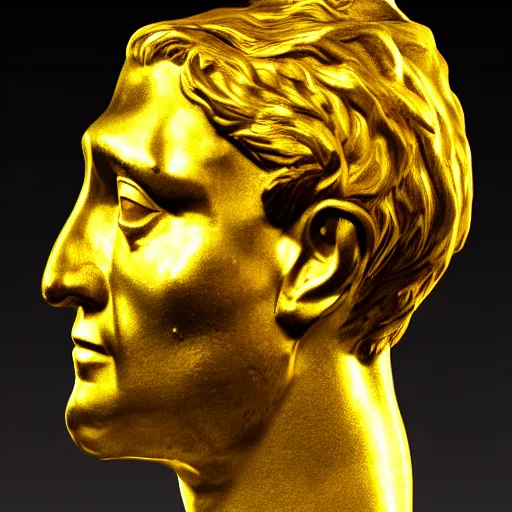 Image similar to a realistic render of a golden Roman bust, high contrast lighting, 4k