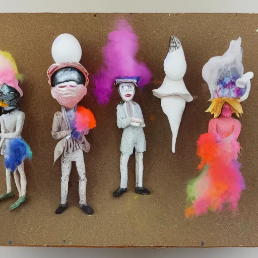 Image similar to polaroid of figures made from coloured smoke and eggshells, wearing funny hats and huge masks