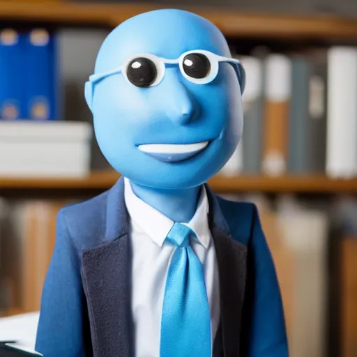 Image similar to professional portrait of an anthropomorphic cute blue clay man wearing a suit in an office, 8k, dslr, cinematic,