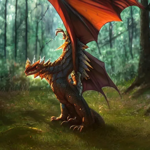 Image similar to cute anime dragon in cold forest, dnd character, background focus, fantasy, lizard legs, magic, realistic textured skin, big lizard head, eagle feather, eagle wings, glowing eyes, clear clean, by lya kushinov, avetetsuya studios, alexandra fomina artstation, by makoto shinkai, digital 2 d, matte painting