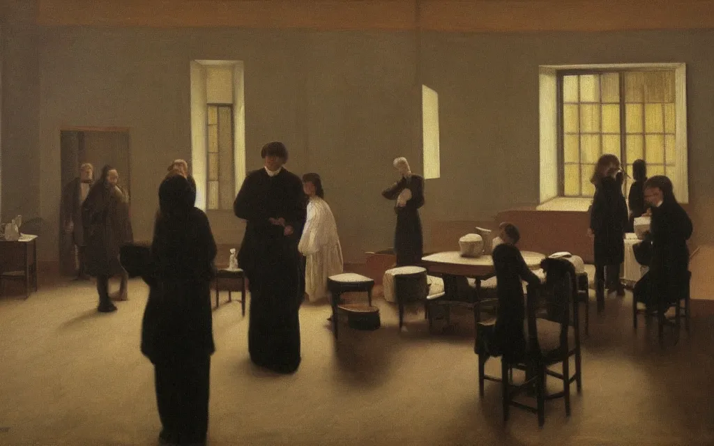 Image similar to a painting of a drama room in spring, oil on canvas, by hammershoi