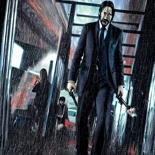 Image similar to john wick takes on the cartel, artstation hall of fame gallery, editors choice, #1 digital painting of all time, most beautiful image ever created, emotionally evocative, greatest art ever made, lifetime achievement magnum opus masterpiece, the most amazing breathtaking image with the deepest message ever painted, a thing of beauty beyond imagination or words, 4k, highly detailed, cinematic lighting