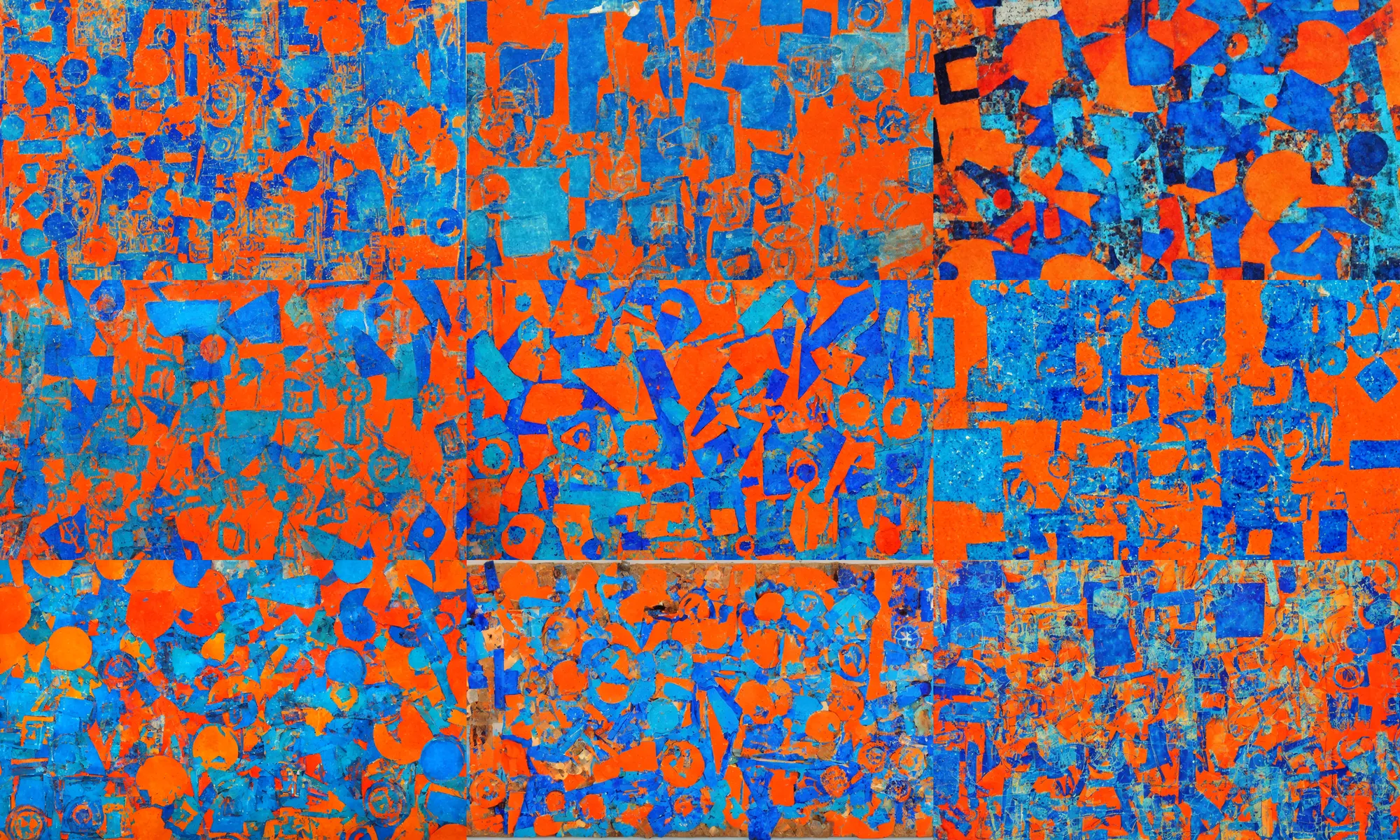 Prompt: colorful blue and orange collage of objects outsider art relief