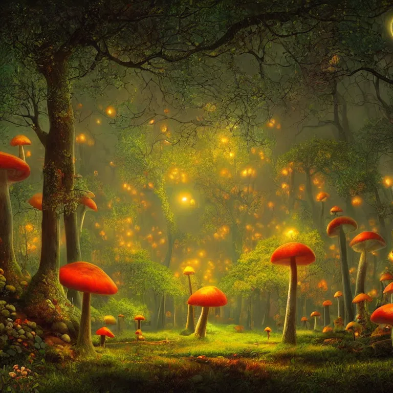 Image similar to an enchanted mushroom forest inspired by Evgeny Lushpin, midnight, full moon, cinematic, intricate, very detailed