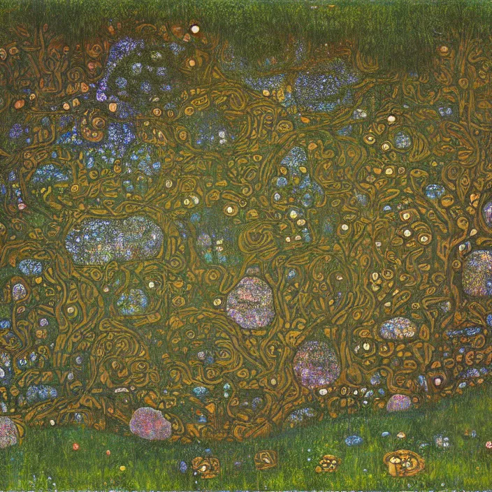 Image similar to ancient overgrown! ruins, medieval gates, runestones!, mysetrious etherial mesmerizing runic!!!, catlike, magical elven geometry, concept art by gustav klimt!, deviantart contest winner, environmental art, indigo flower meadow, fairy circles, lit by moonlight!!, high detail, intricate masterpiece