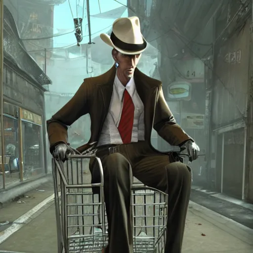 Image similar to nick valentine is sitting in a shopping cart, realism, proportions, 1 6 f, stylization for fallout 4