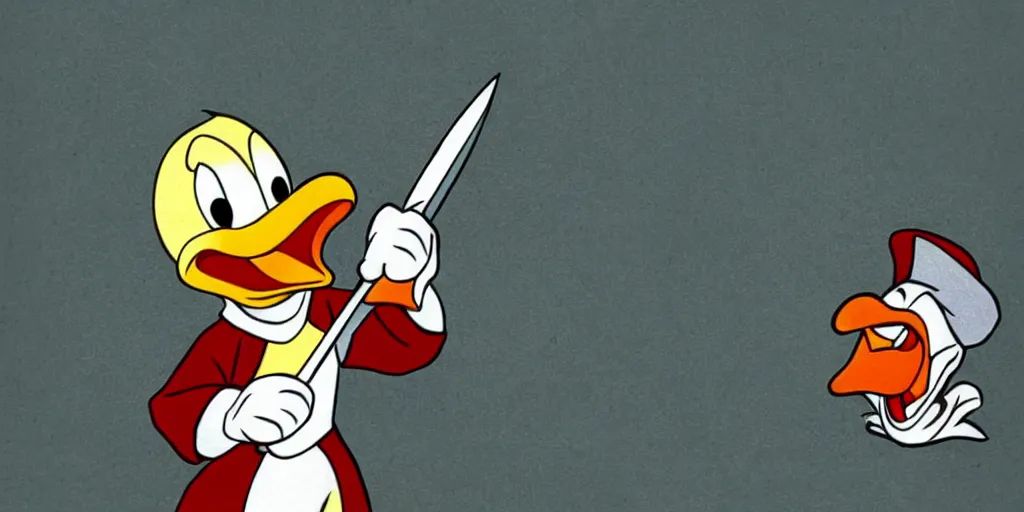 Prompt: donald duck holding a bloody knife, in the style of silent hill