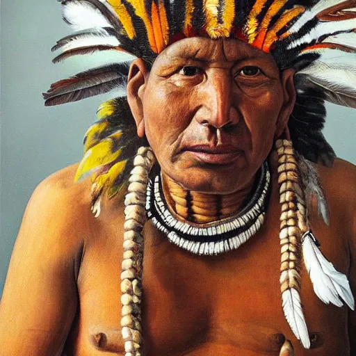 Prompt: high quality high detail painting by lucian freud, hd, full body of a indigenous tribe leader with a lot of feathers, photorealistic lighting