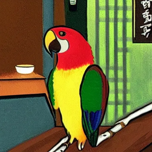 Prompt: ”parrot smoking a cigar in small japanese bar”